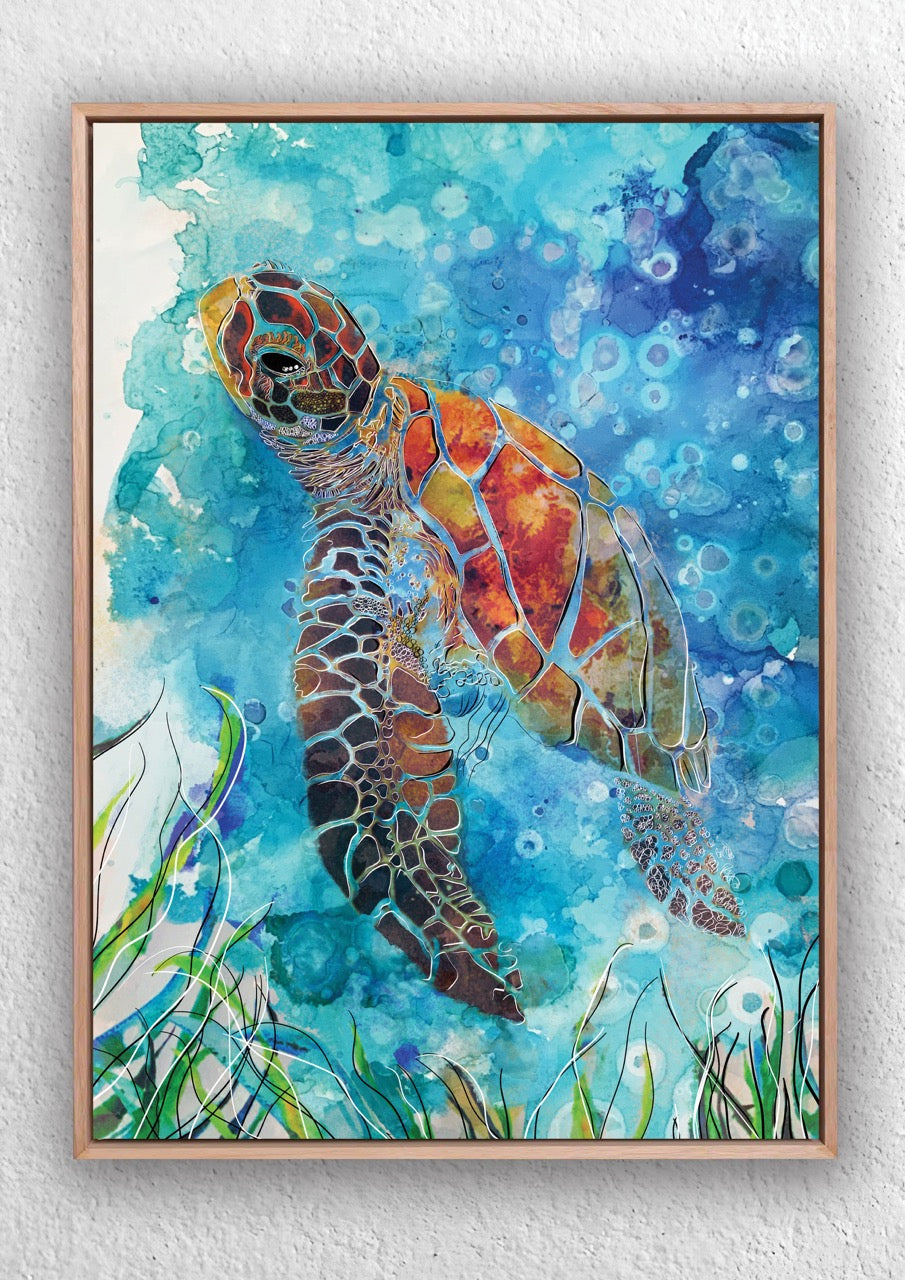 Framed artwork of a colorful sea turtle in an underwater scene with blue and green hues.