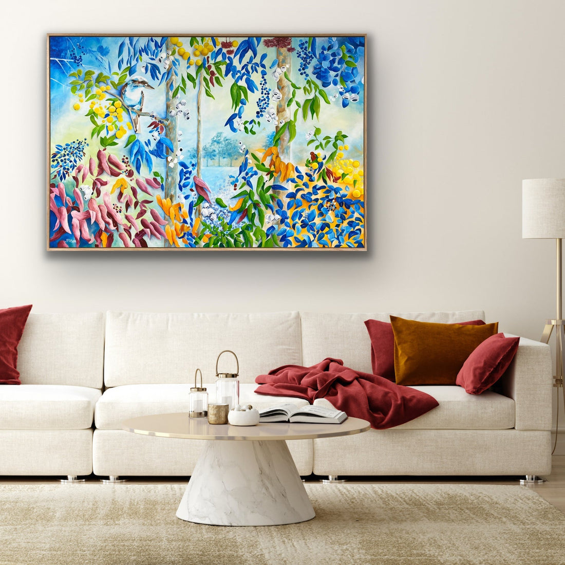 Aussie bush print with kookaburra framed in natural wood sold as a canvas print, can be rolled or stretched by Jess King Artist