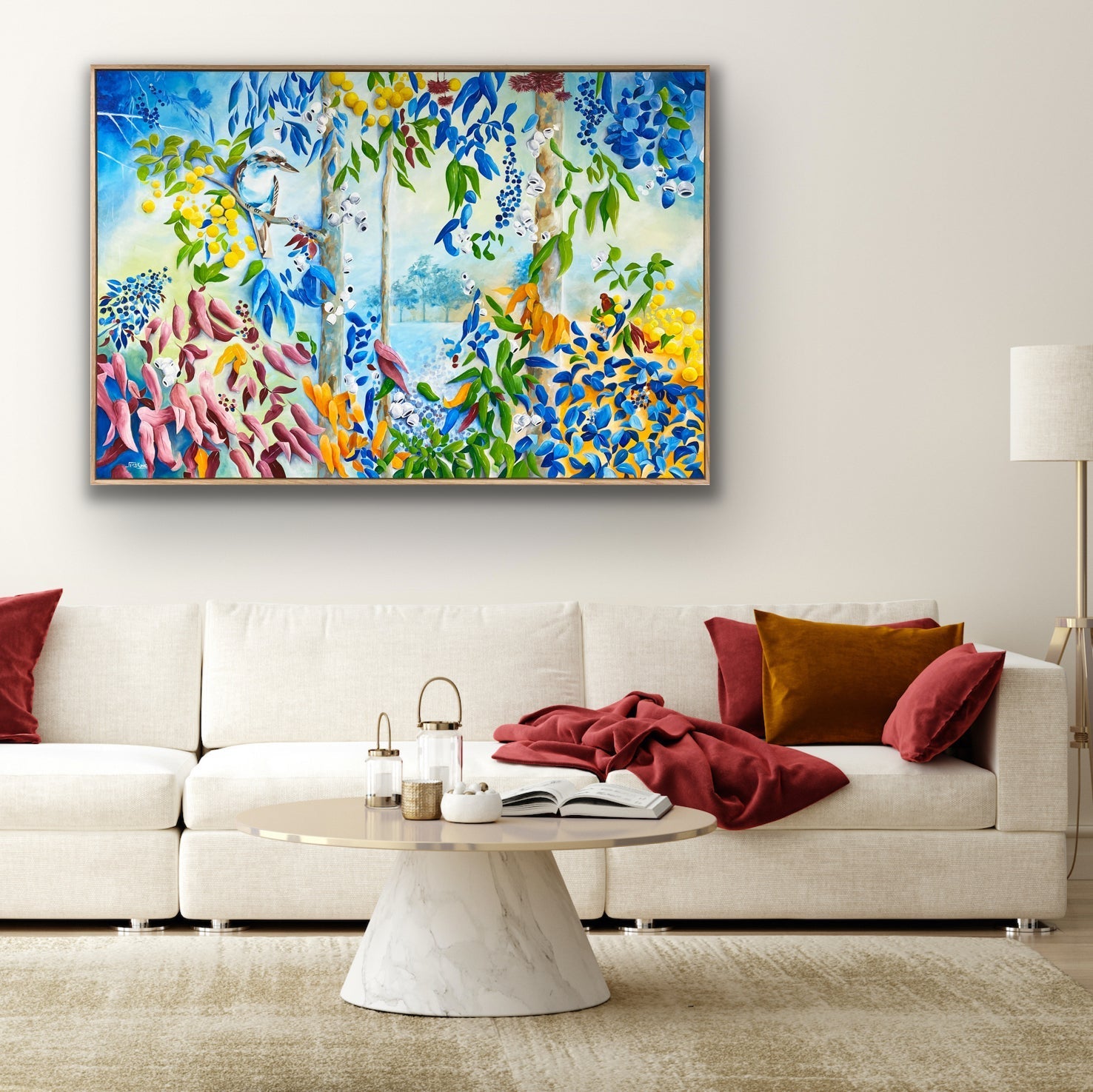 Aussie bush print with kookaburra framed in natural wood sold as a canvas print, can be rolled or stretched by Jess King Artist