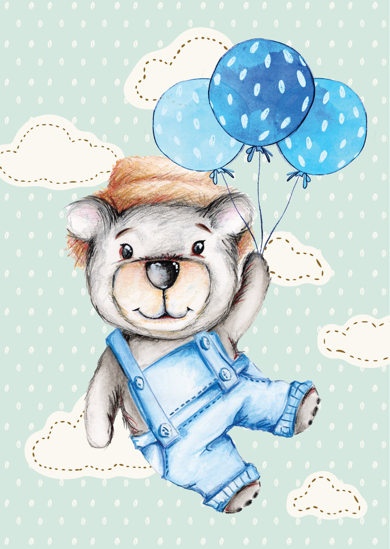 hand drawn bear with blue dungarees and three blue balloons