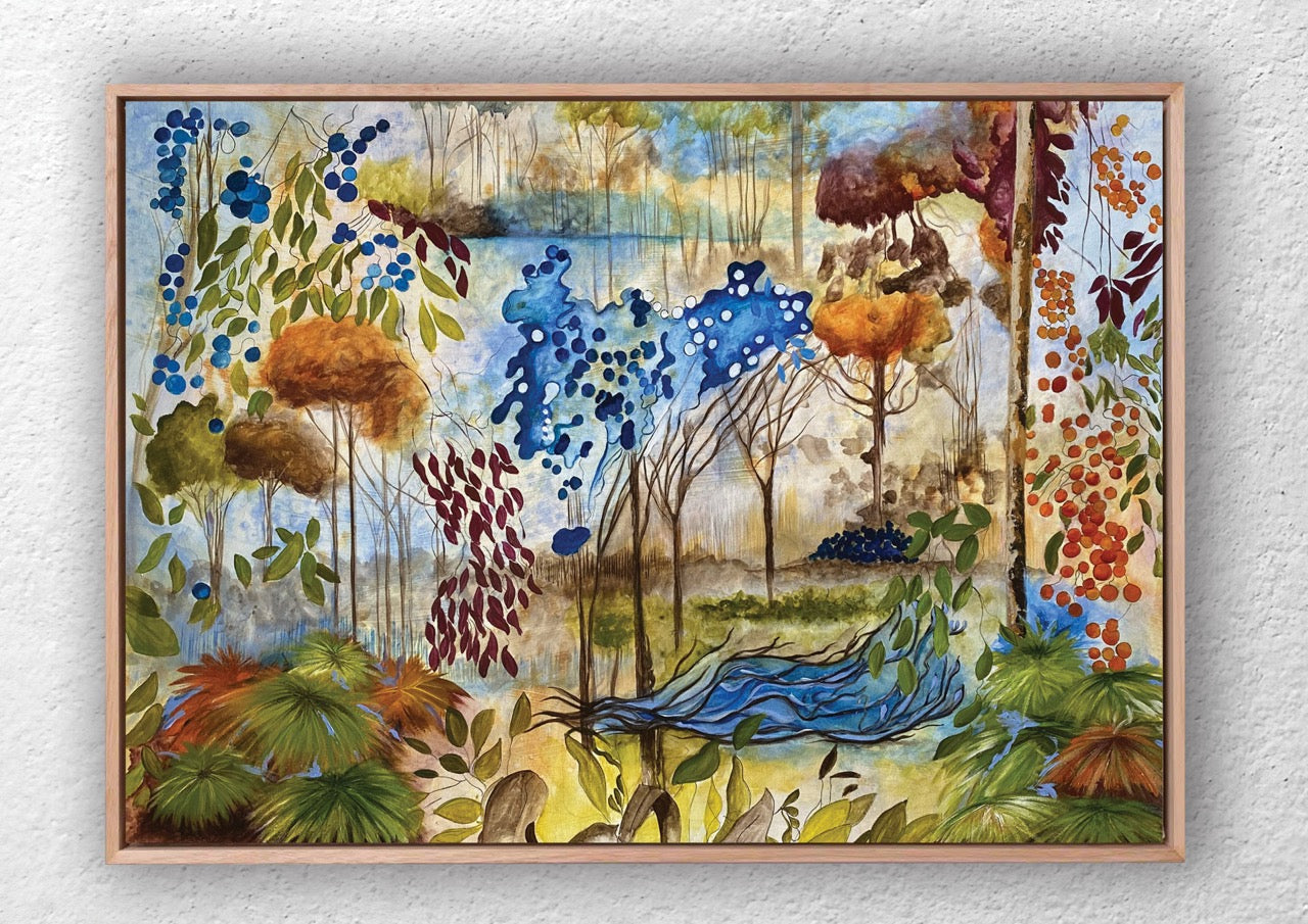 Framed landscape art print with colorful trees, leaves and bush by Jess King Artist