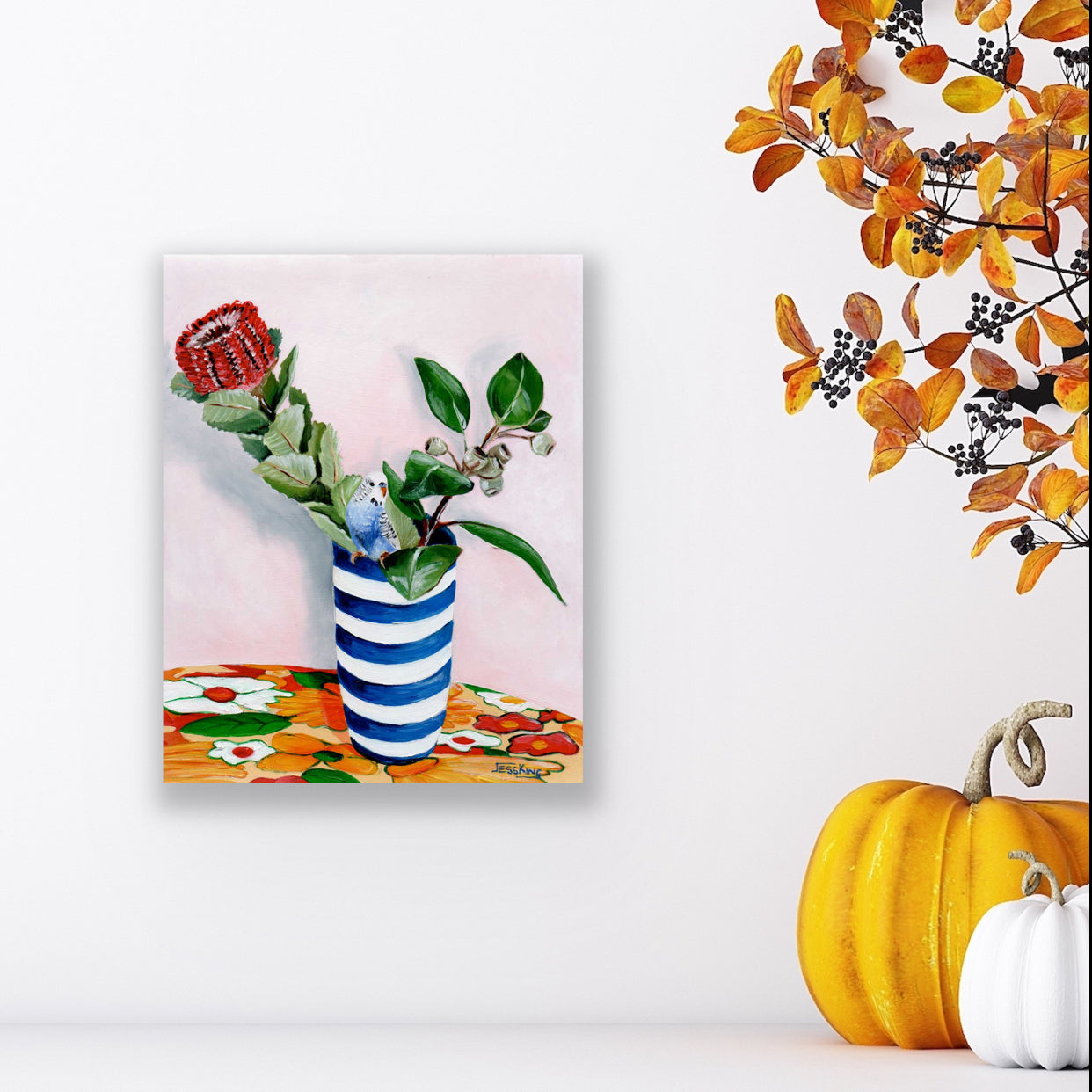 "Banksia, Budgie, Hamptons Vase Still Life" Art Print