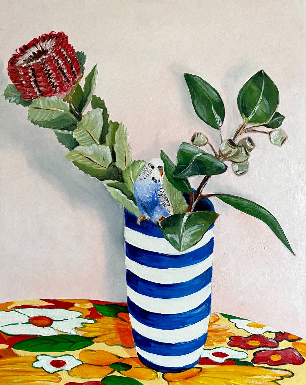 "Banksia, Budgie, Hamptons Vase Still Life" Art Print