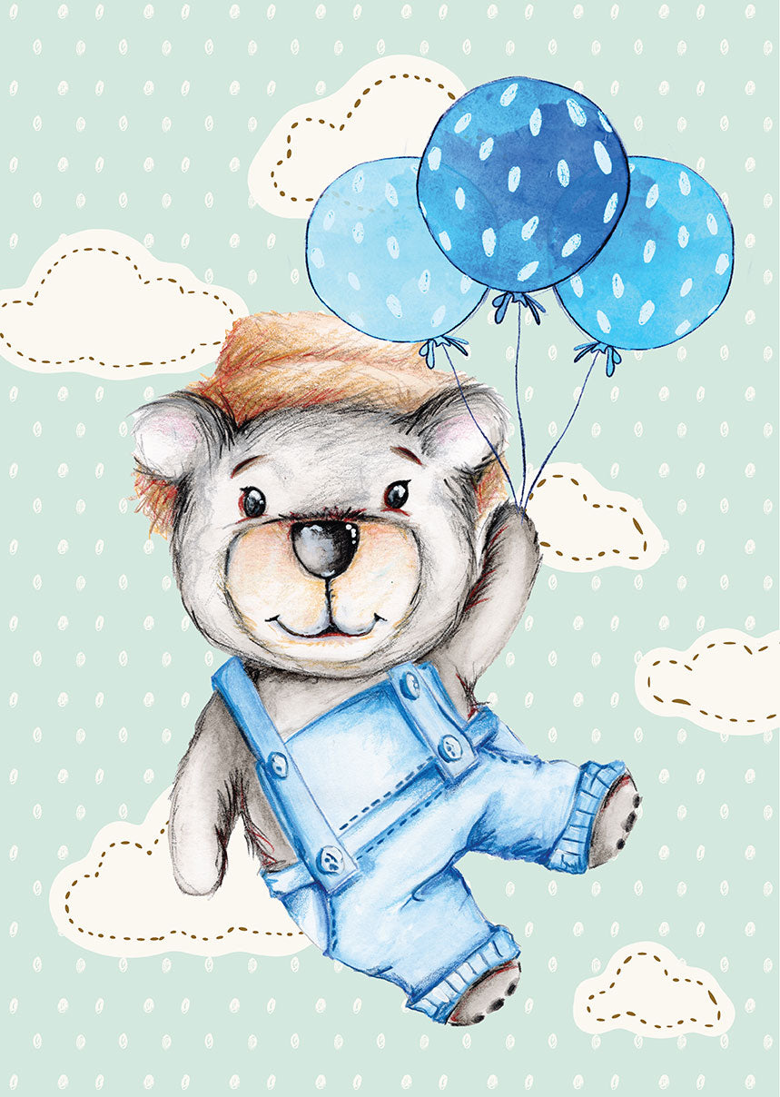 "Bear Floating with Blue Balloons" Art Print for Kids Room
