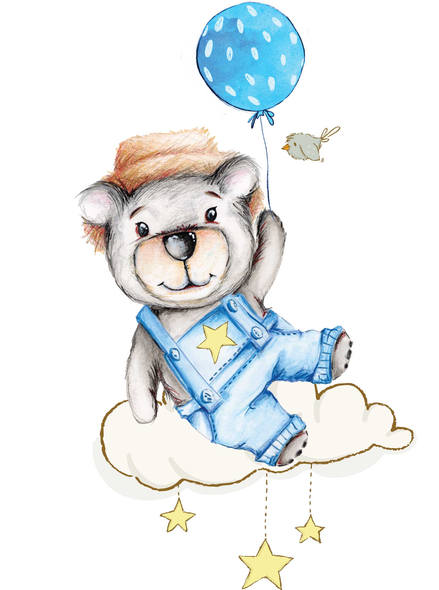 "Bear Floating on cloud with birds" Art Print for Kids Room Kids Wall Art Jess King Artist Bear-Floating-on-clouds-with-birds-Jess-King-Artist