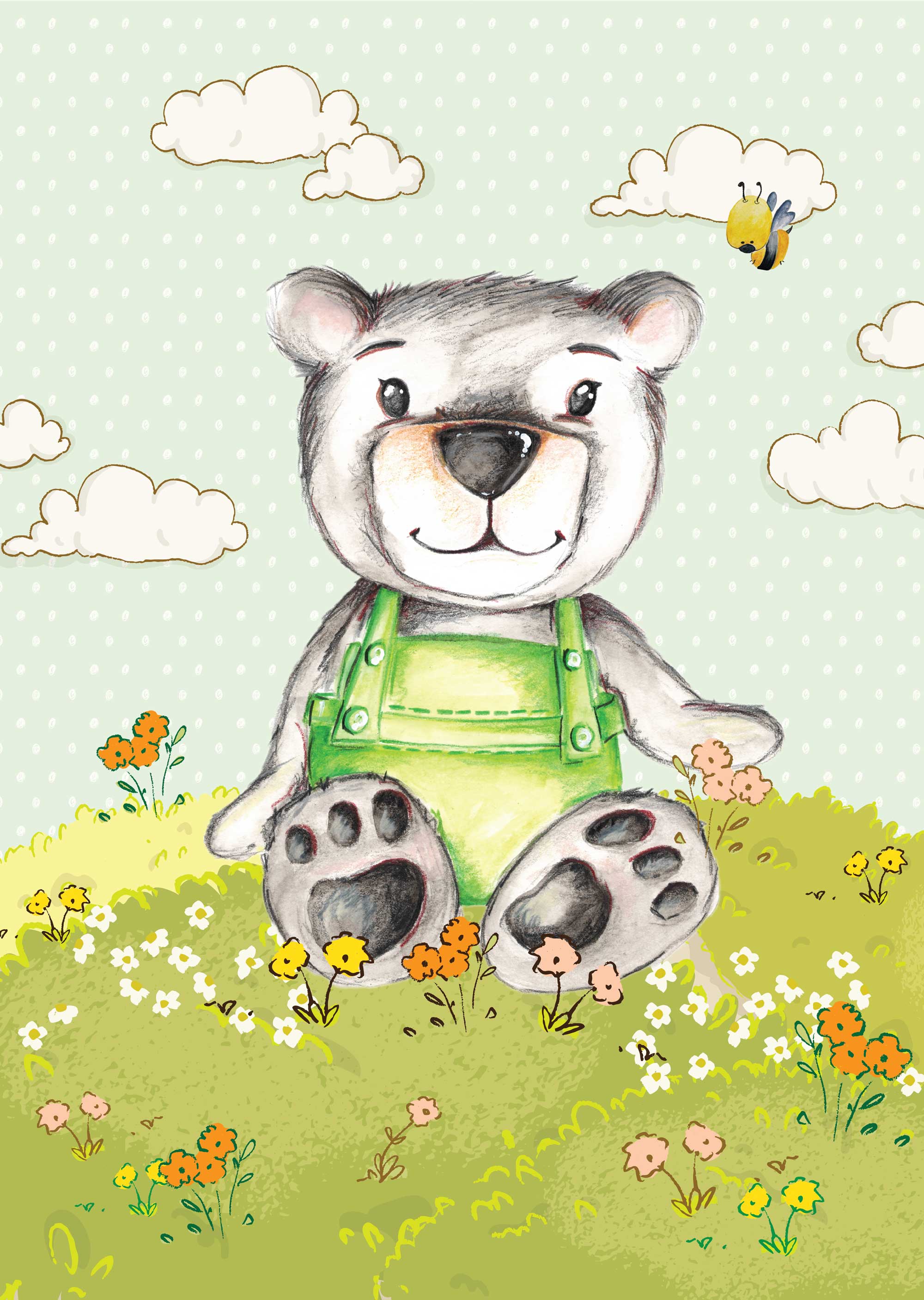 "Bear Sitting in Flower Field" Art Print | Kids Wall Art Kids Wall Art Jess King Artist Bear-Sitting-in-flower-field-jess-king-artist-illustration