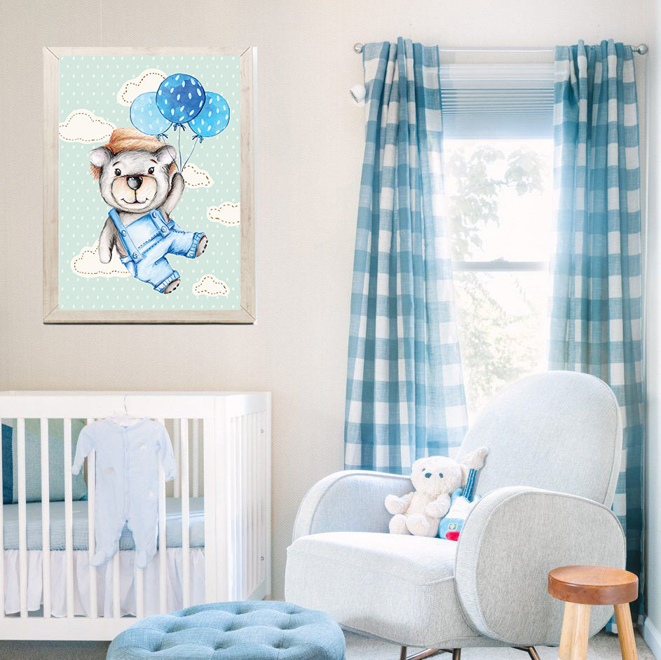 "Bear Floating with Blue Balloons" Art Print for Kids Room