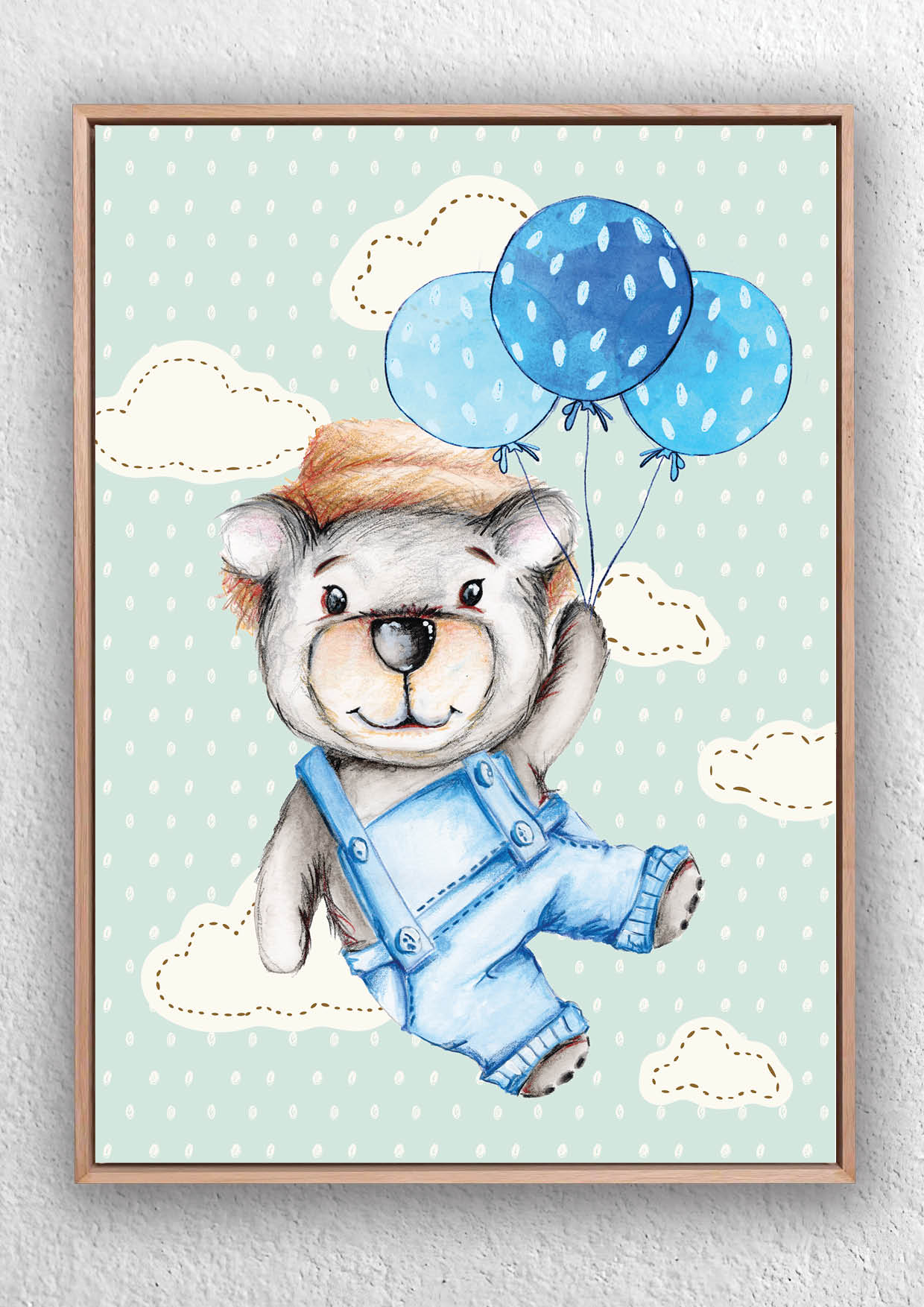 Framed art print by Jess King of a bear in overalls with blue balloons on a polka dot background.
