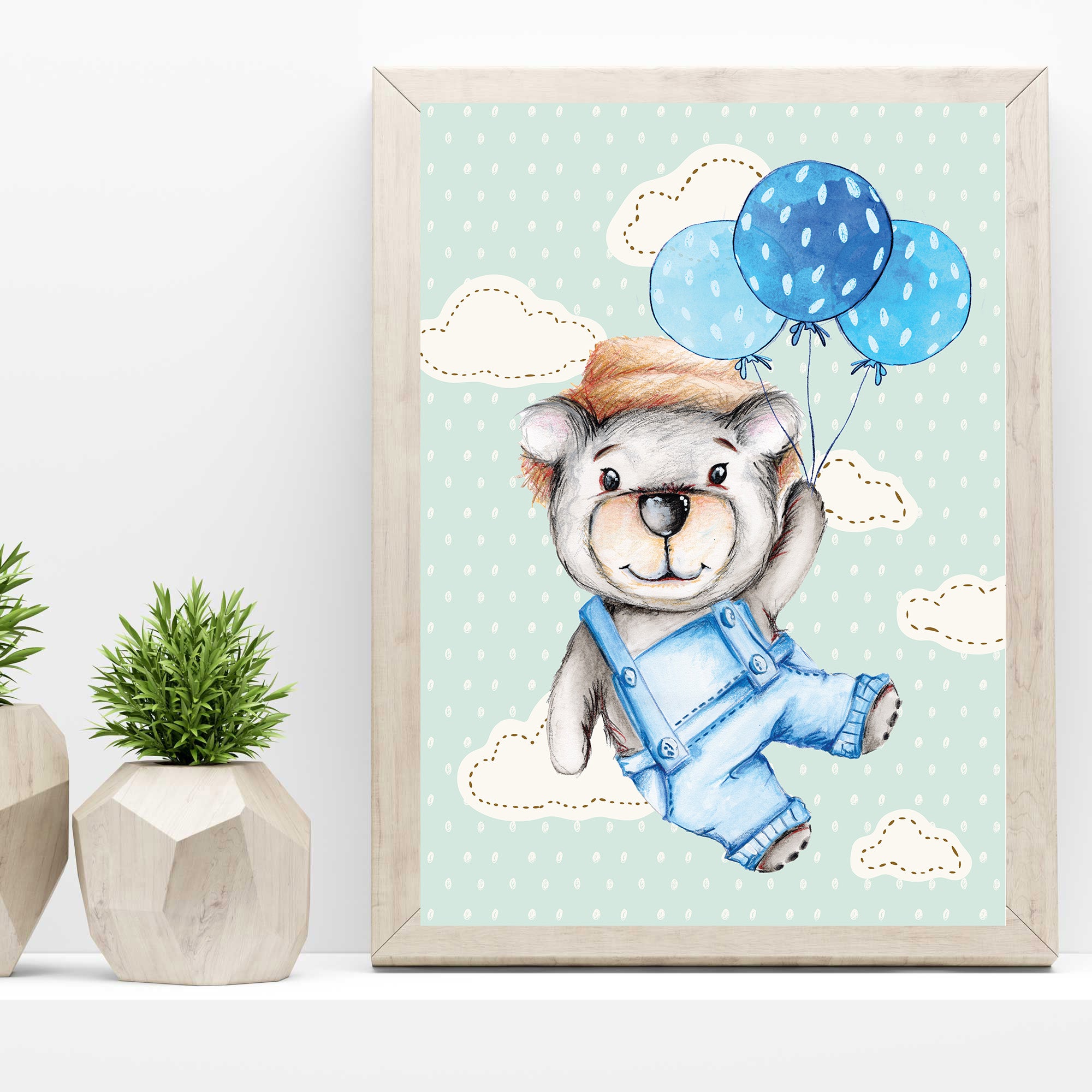 "Bear Floating with Blue Balloons" Art Print for Kids Room