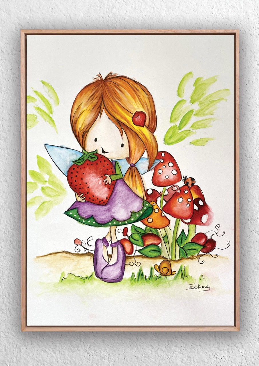 Framed illustration of a fairy holding a strawberry with mushrooms and leaves on a white background