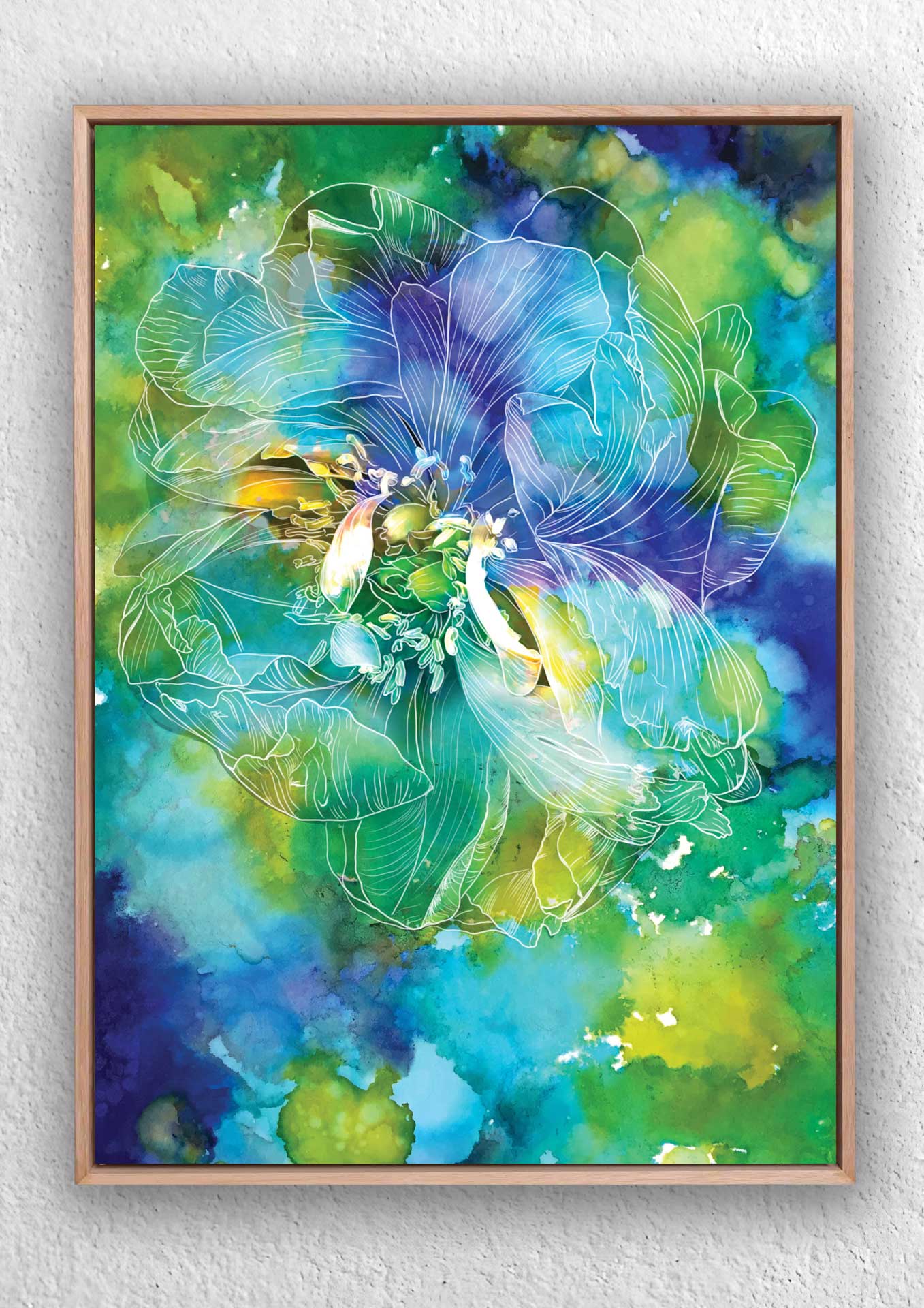 "Blue Green Peony Flower on Alcohol Ink" Art Print