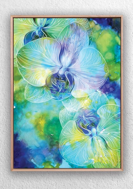 "Blue Green Orchid Flower on Alcohol Ink" Art Print