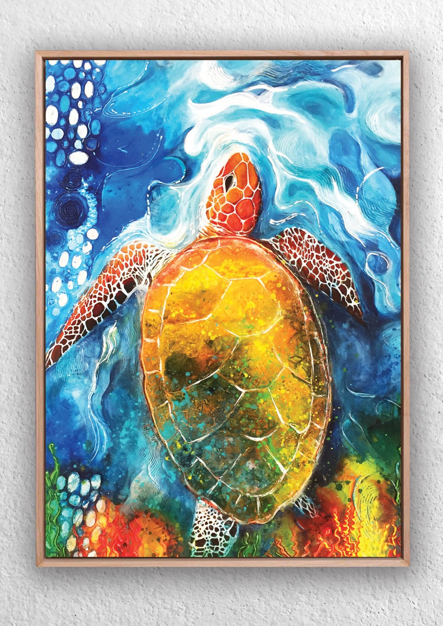 Colorful painting of a turtle with abstract ocean background