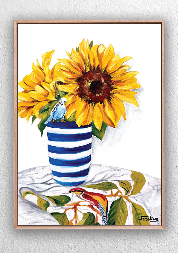 "Budgie, Sunflowers and Hamptons Vase Still Life" Art Print Birds and Animals Jess King Artist Budgie-hamptons-vase-still-life-wall-art-by-jess-king