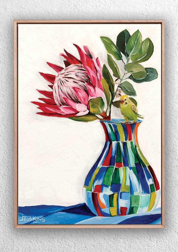 "Protea in Colourful Vase and Budgie Still Life" Art Print Birds and Animals Jess King Artist Budgie-protea-flower-still-life-art-print-jess-kung