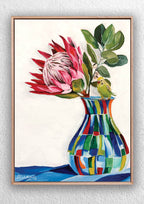 "Protea in Colourful Vase and Budgie Still Life" Art Print Birds and Animals Jess King Artist Budgie-protea-flower-still-life-art-print-jess-kung