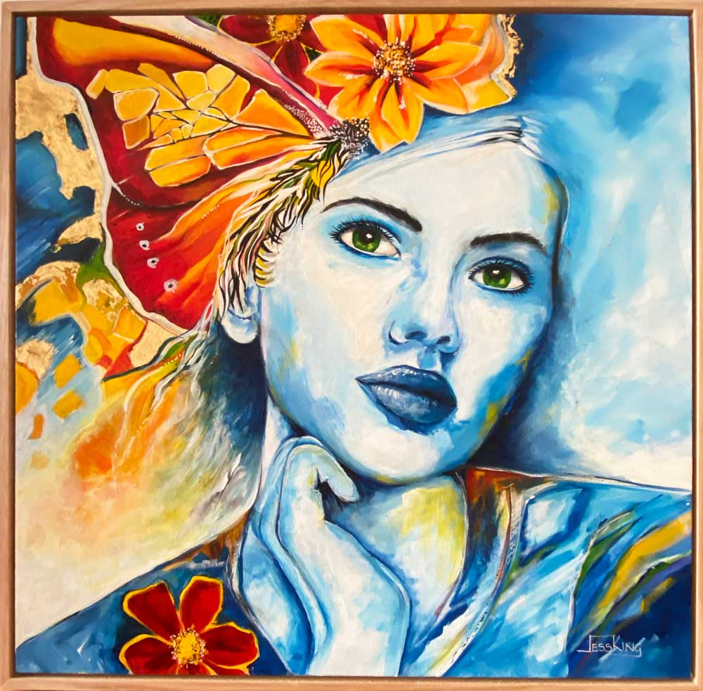 Butterfly Kisses - Contemporary Portrait with Gold Leaf & Orange Blooms Original Art Jess King Artist Butterfly-kisses-Jess-King-Scarlett-Johansson-web