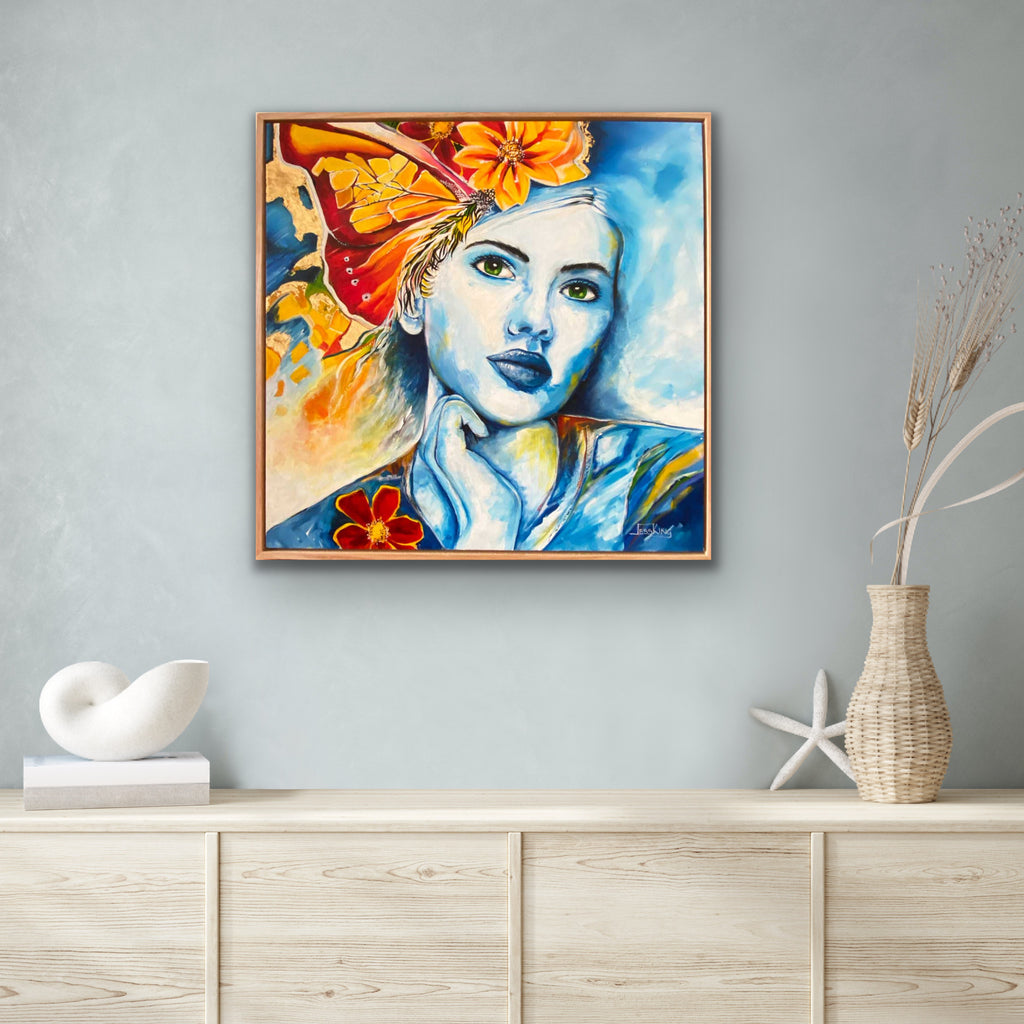 Butterfly Kisses - Contemporary Portrait with Gold Leaf & Orange Blooms Original Art Jess King Artist ButterflyKissesinsituJessKingmixedmediaartworkScarlett-Johansson-insitu