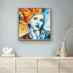 Butterfly Kisses - Contemporary Portrait with Gold Leaf & Orange Blooms Original Art Jess King Artist ButterflyKissesinsituJessKingmixedmediaartworkScarlett-Johansson-insitu