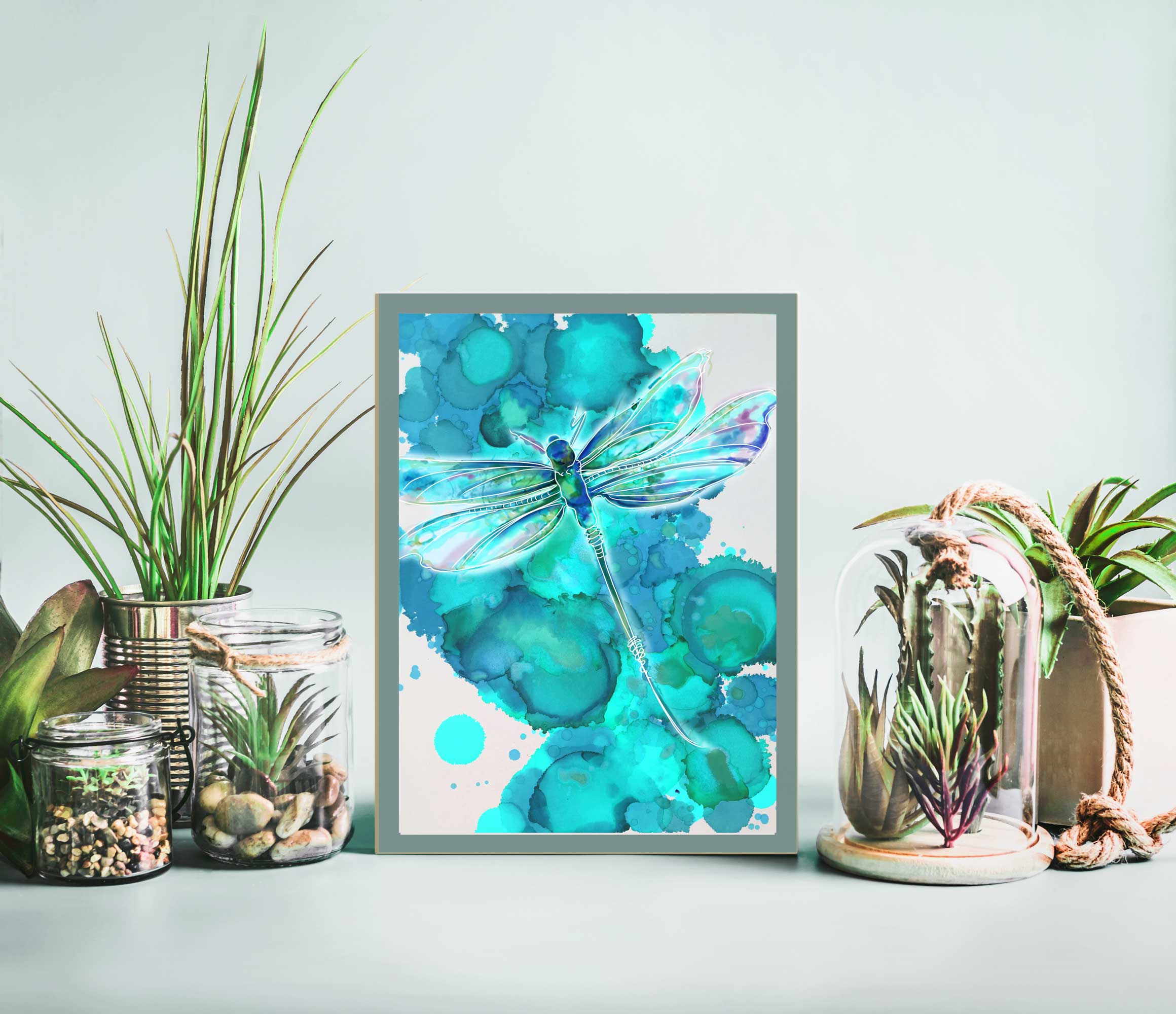 "Dragonfly Blue 2 drawing on Alcohol Ink" Art Print