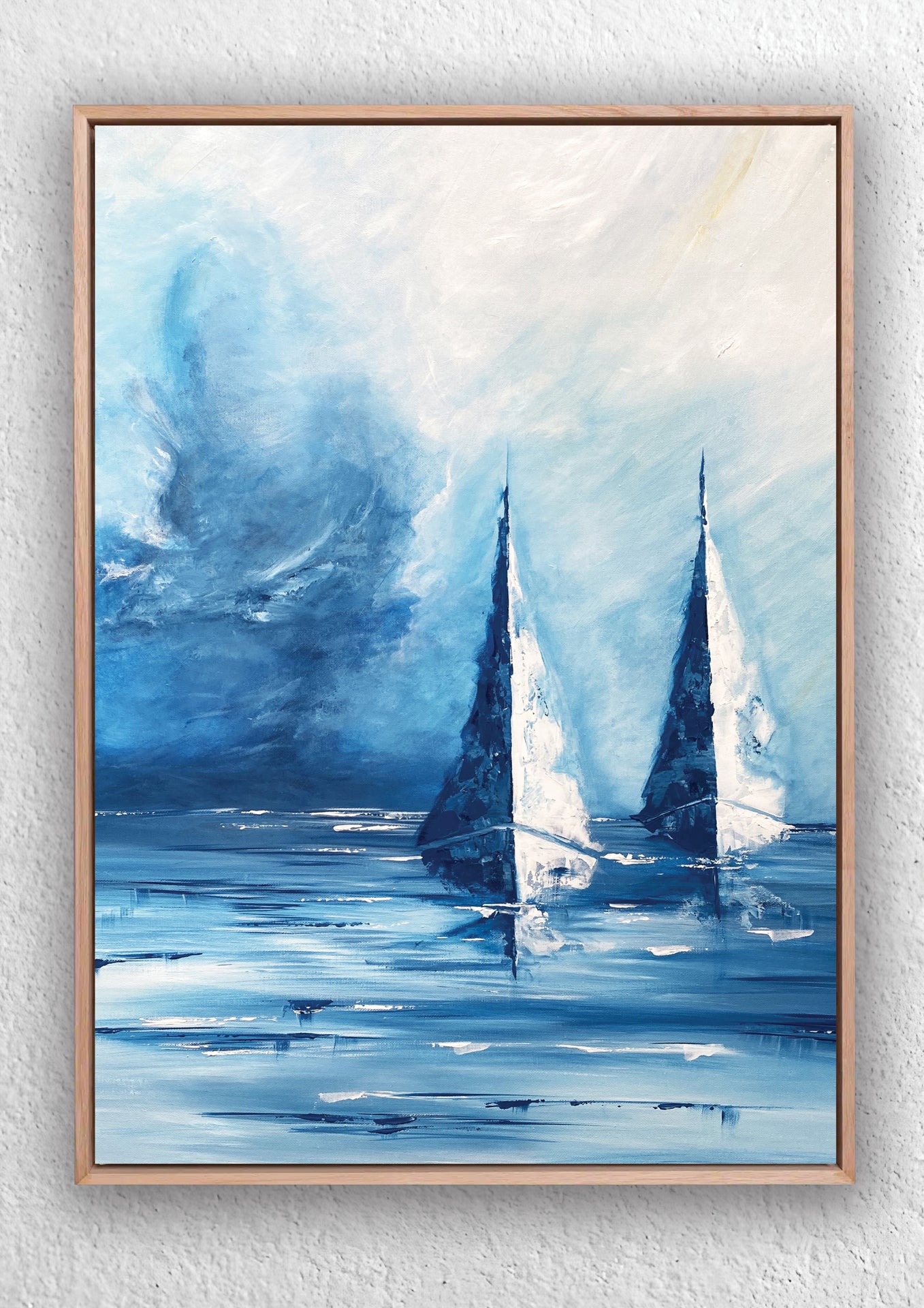 Drifting Together - Coastal Sailboat Art Print | Nautical Wall Decor Birds and Animals Jess King Artist Driftingframed_Jess_King_web