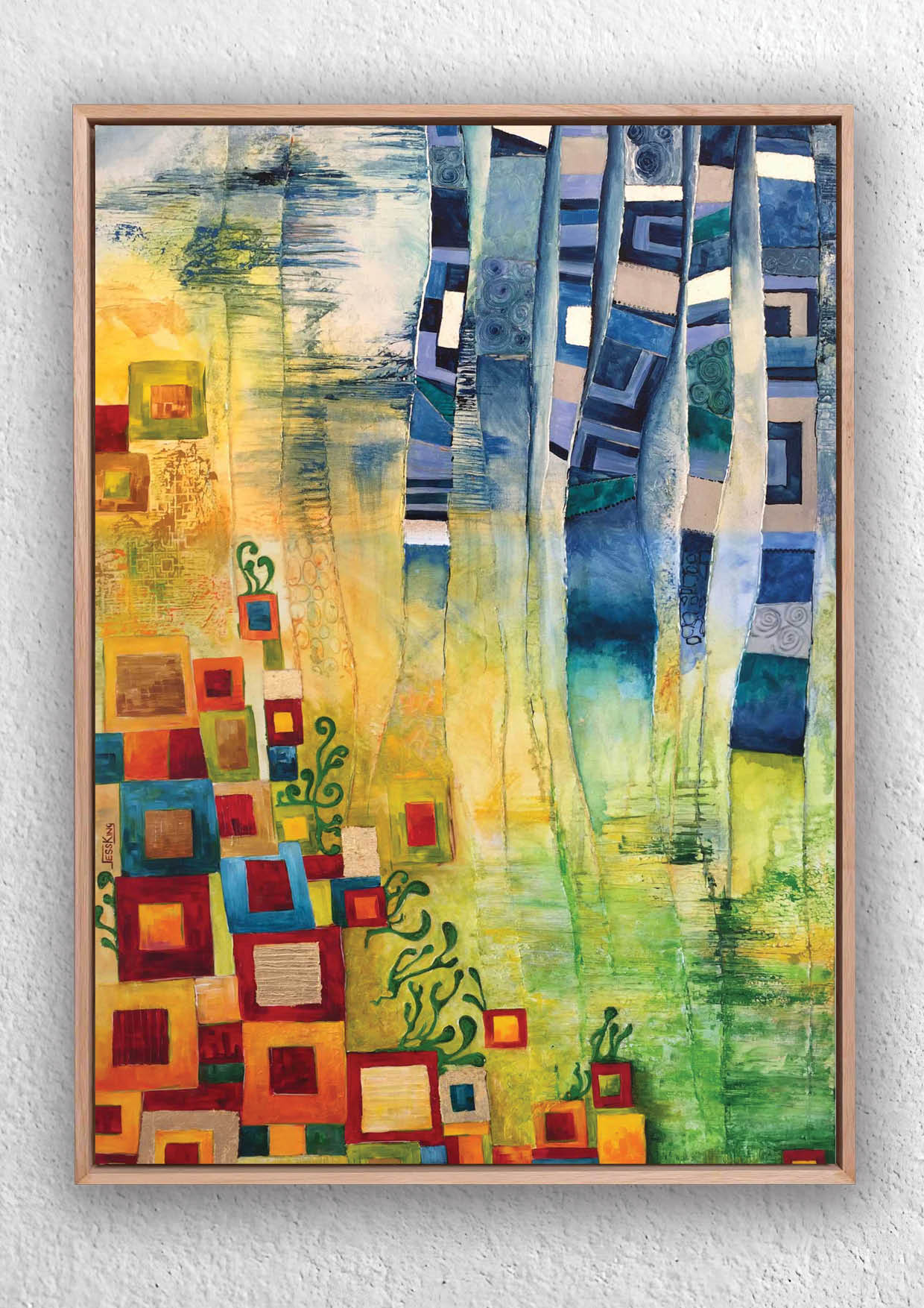 Abstract art print with colorful geometric patterns in red, blue and green in a Gustav Klimt style
