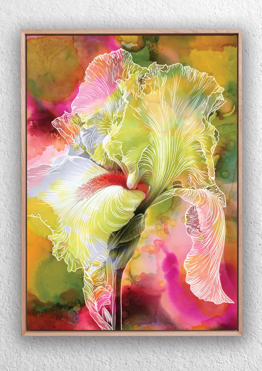 Artwork of an iris flower with vibrant pink and green alcohol ink background by Jess King Artist