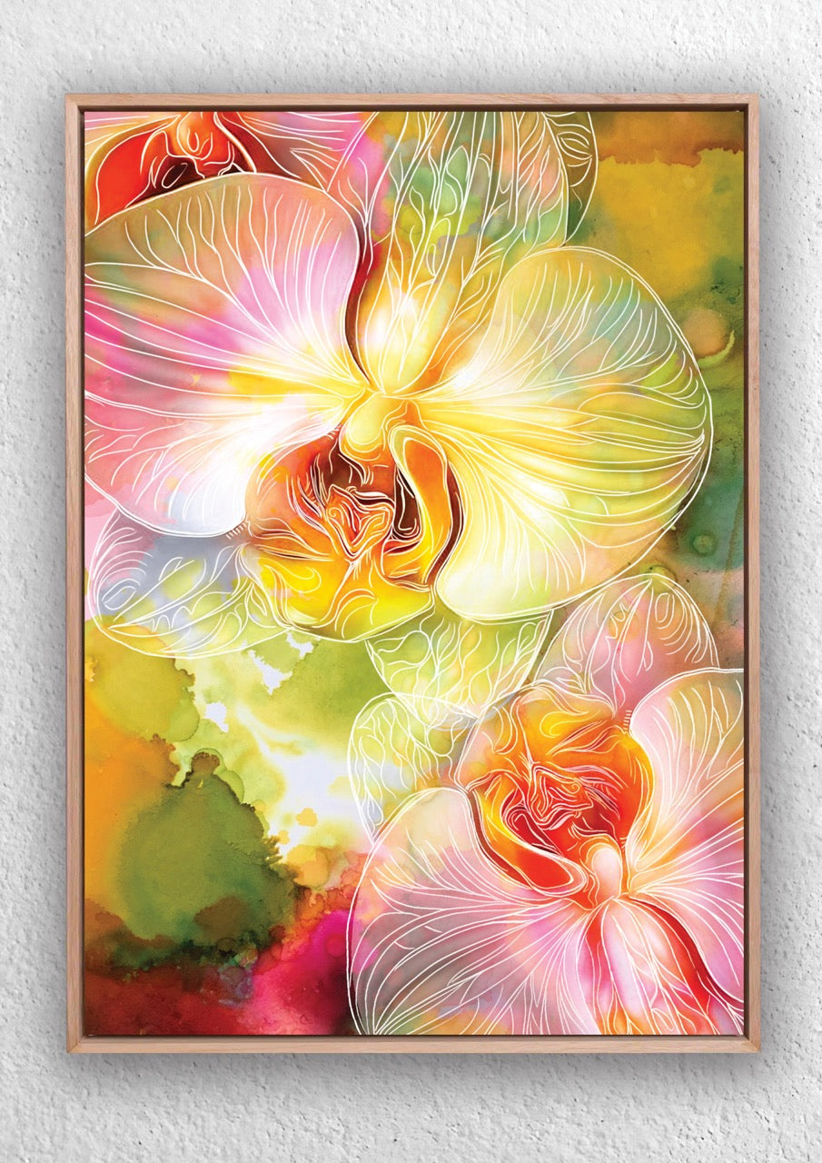 Colorful abstract orchid flower floral artwork with pink and green ink background by Jess King Artist