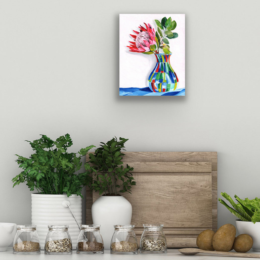 "Protea in Colourful Vase and Budgie Still Life" Art Print Birds and Animals Jess King Artist Protea_-mutli-coloured-vase-and-green-budgie