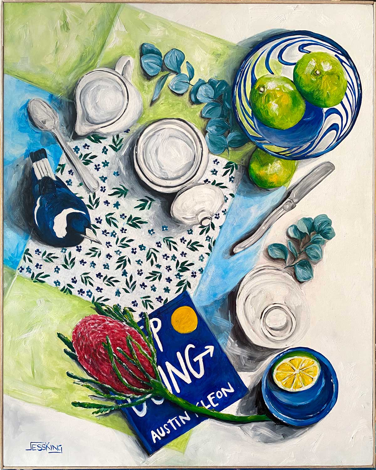 Saturday Morning Tea Time with Magie the Magpie Original Art Jess King Artist Saturday-Morning-Tea-with-Magie-Jess-King