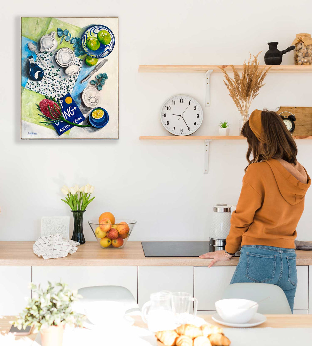 Saturday Morning Tea Time with Magie the Magpie Original Art Jess King Artist Saturday-Morning-Tea-with-Magie-Jess-king-art