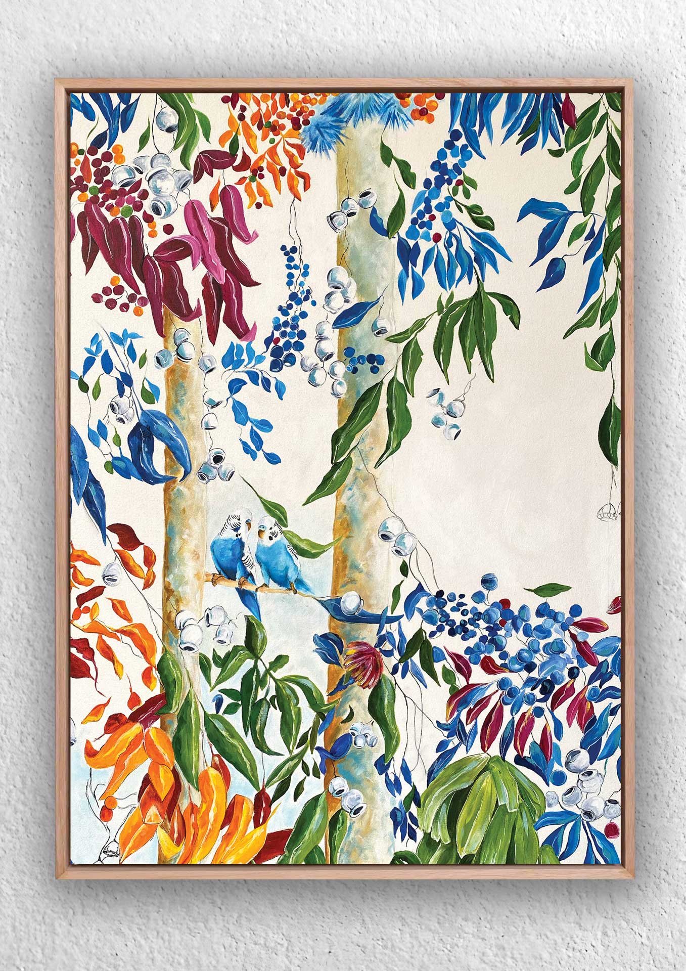 "Sweethearts landscape bush and budgies" Art Print Birds and Animals Jess King Artist Sweethearts-framed_Jess_King