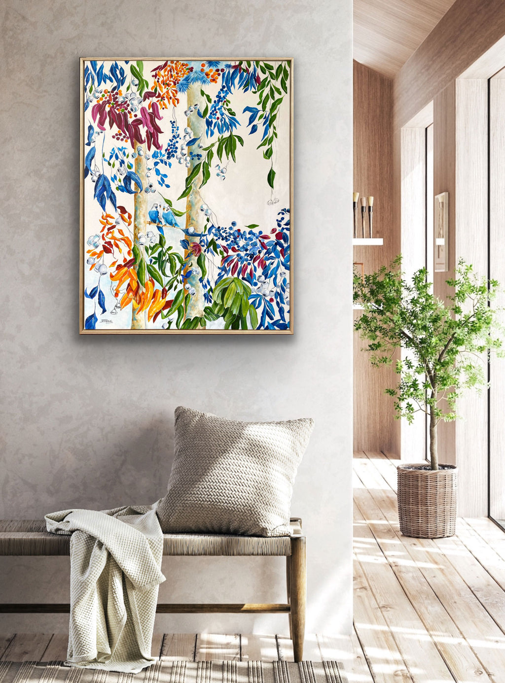 "Sweethearts landscape bush and budgies" Art Print