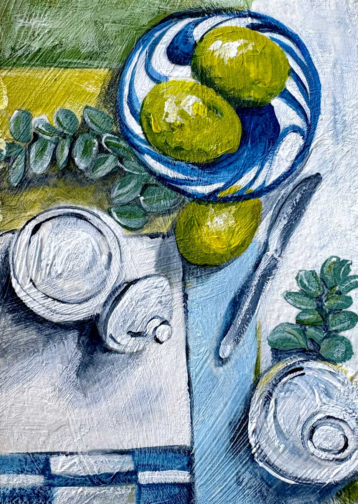 Tiny Treasure Limes and Blue Swirl Dish Original Still Life
